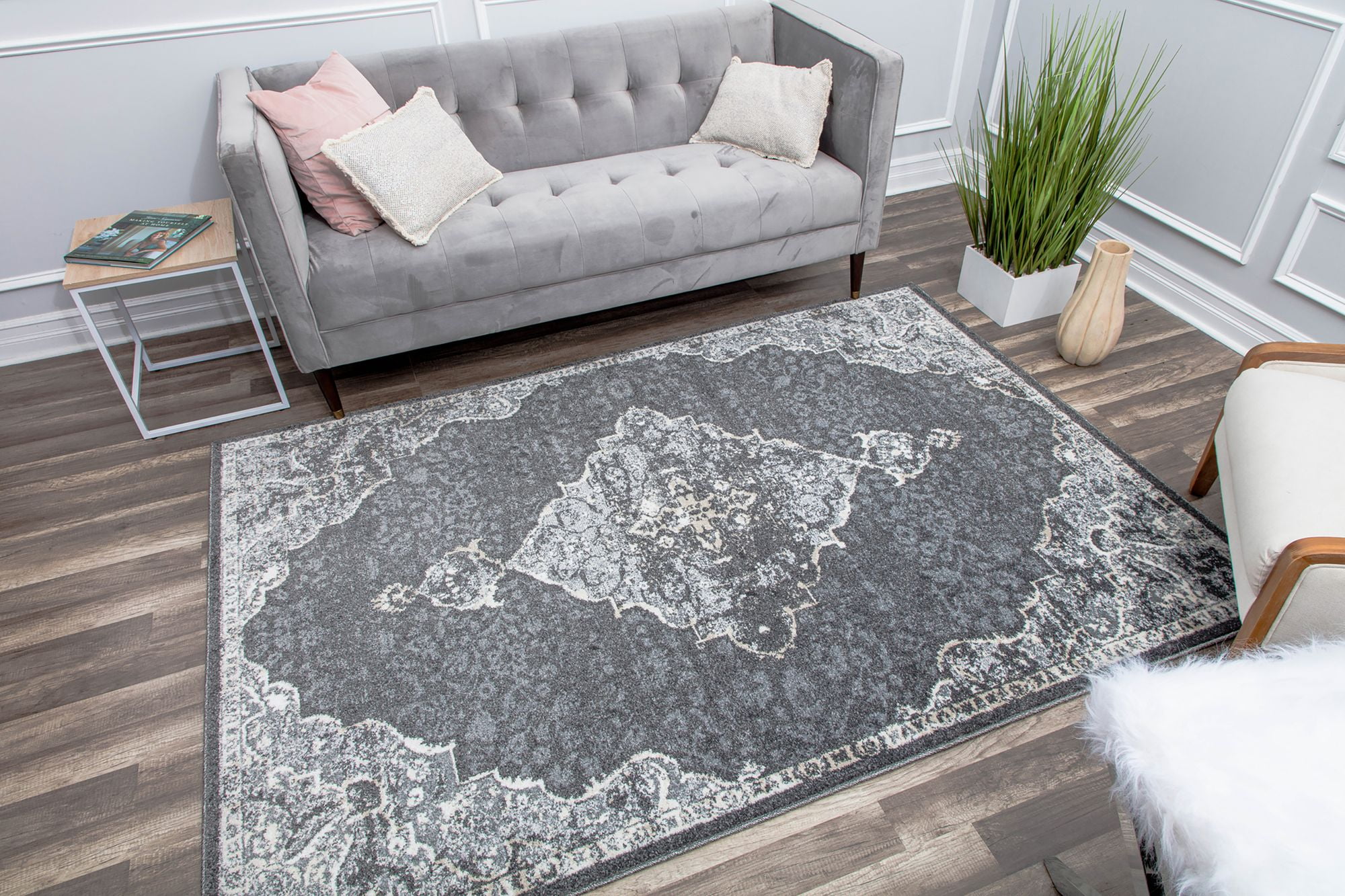 Harper HY50D Black Velvet Petunia Transitional Vintage Gray Area Rug, 8'x10'
