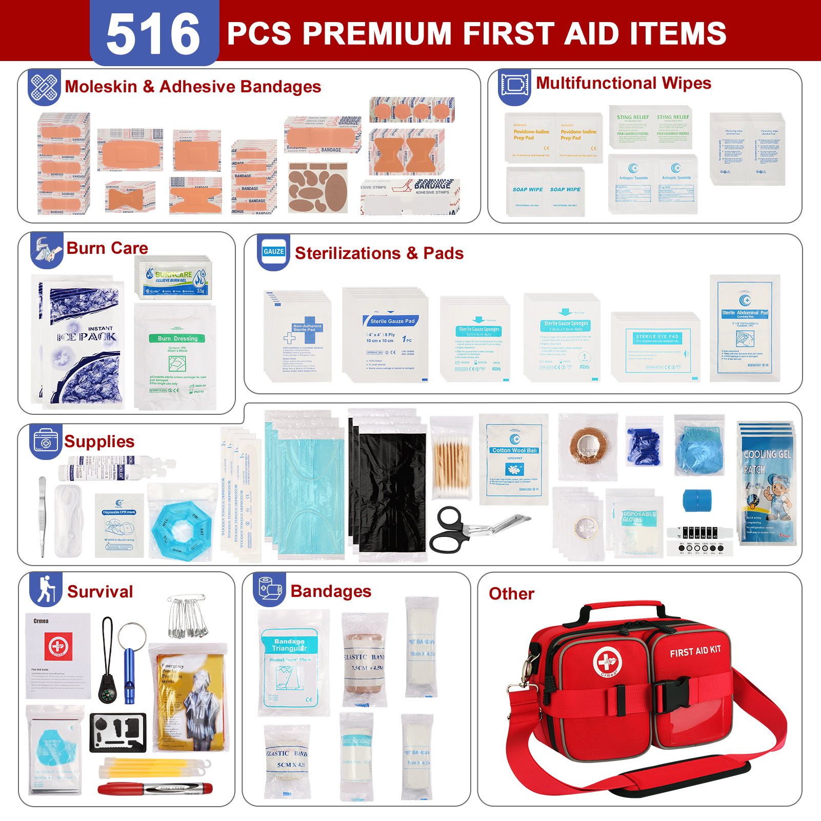 Crmea 516 Piece First Aid Kit for Car, Travel & Home - Large Premium Waterproof Compact Labeled Emergency Kit with Molle Shoulder Strap Backpack for Camping, Hiking & Survival