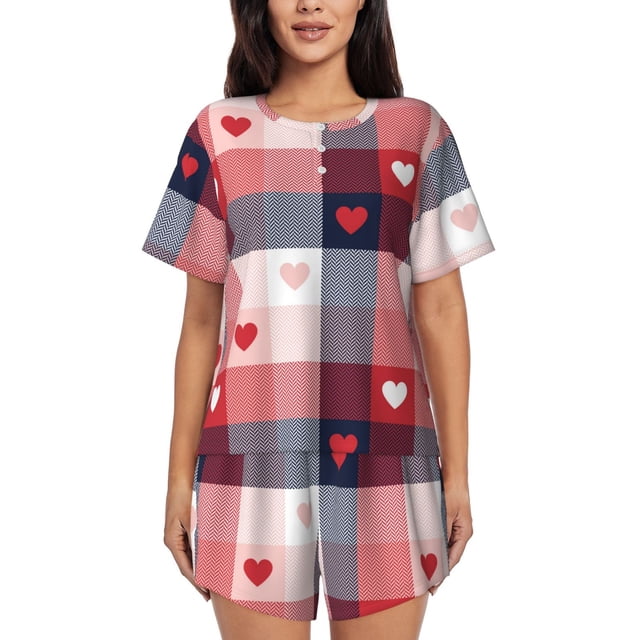 Balery Heart Plaid Conjunto de Pijama para Mujer con Estampado, Dos Piezas de Manga Corta y Shorts, Ropa de Dormir Suave con Cuello Redondo y Bolsillos-Small