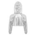 thumbnail image 4 of Aislor Girls Metallic High Low Cropped Sweatshirt Long Sleeve Shiny Hoodie Hip Hop Jazz Dance Top Silver 12, 4 of 4