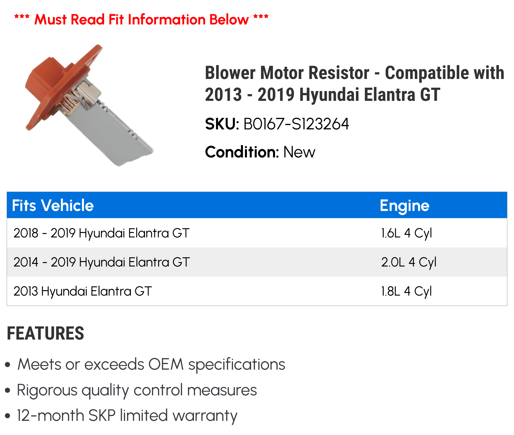 Blower Motor Resistor - Compatible with 2013 - 2019 Hyundai Elantra GT 2014 2015 2016 2017 2018