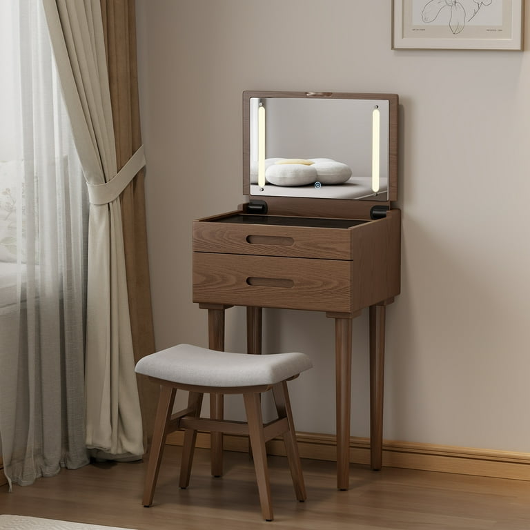 Muwuele Wood Small Vanity Desk with Flip Top Mirror, Brightness Adjustable  Lights, Makeup Vanity with Drawers, Dressing Table for Bedroom, Walnut -  Walmart.com
