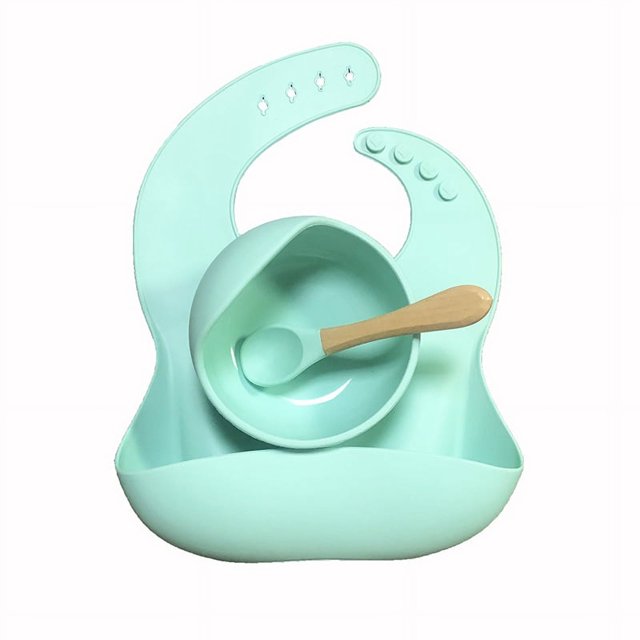 Vajilla infantil de silicona para la cena del bebé, babero de silicona, cuenco complementario, tenedor y cuchara, juego de vajilla de tres piezas para alimentos complementarios para bebés