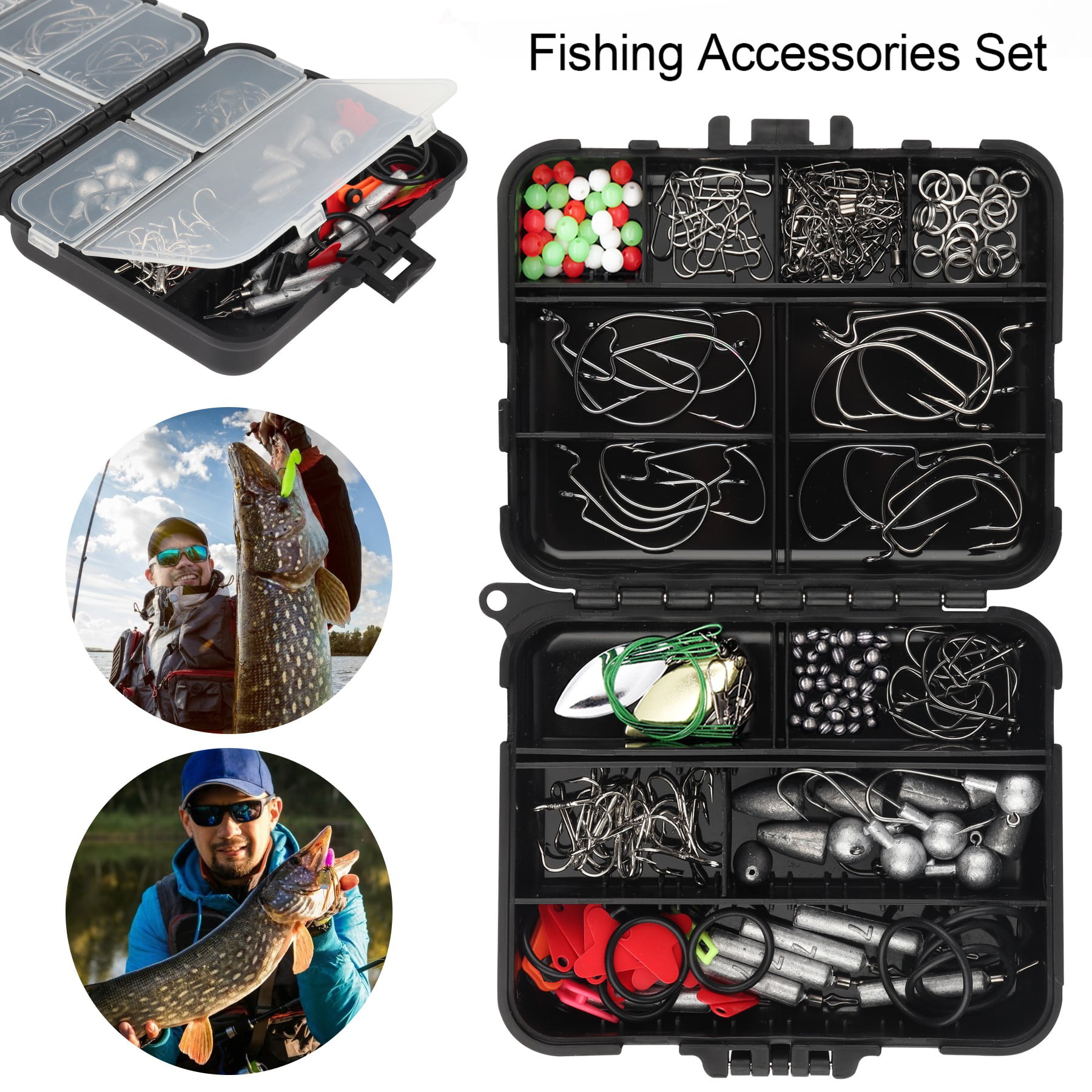 160PCS/Pack Fishing Accessories Kit Set with Tackle Box Pliers Jig Hooks Swivels 