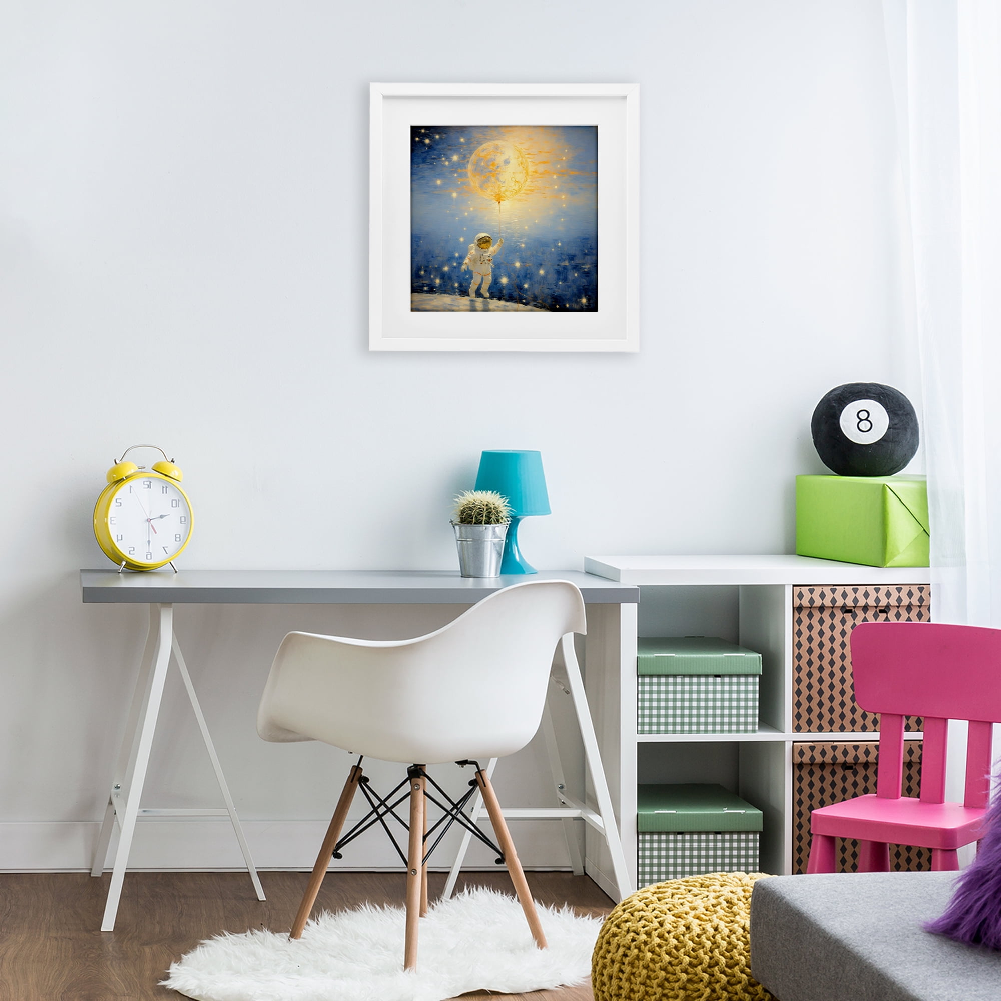 Astronaut with Dreamy Cosmic Balloon White Framed Print Under Glass, design by Angie Hawke