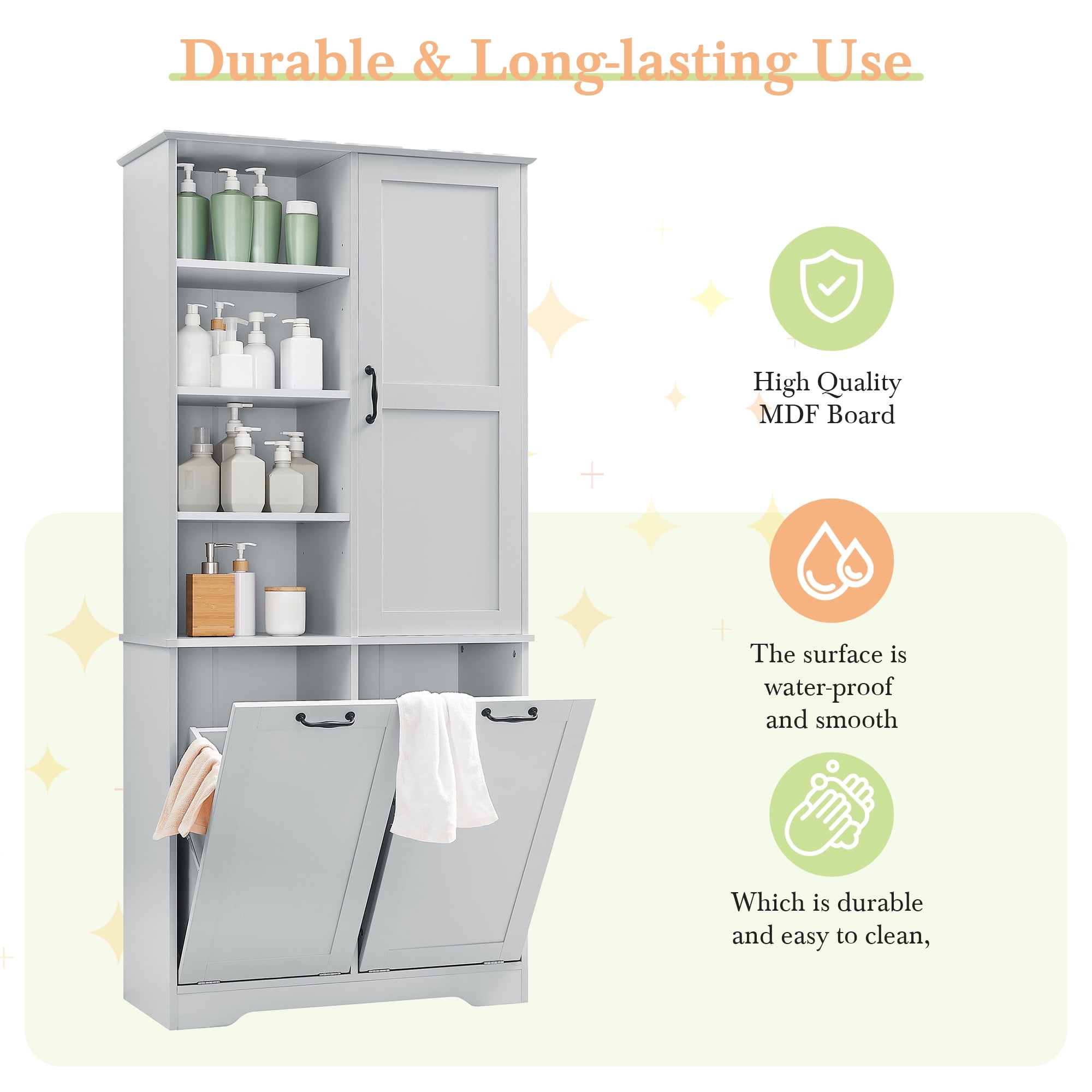 Aukfa Tall Storage Cabinet with 2 Tilt-Out Laundry Baskets,Freestanding Organizer for Bathroom, Laundry Room, Space-Saving Closet,Gray
