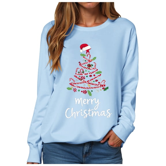 Gubotare Ladies Christmas Sweatshirt Xmas Tree Print Crewneck Graphic Versatile Style Pullover Tops Womens Long Sleeve Fall Sweatshirts for Women (Sky Blue,XL)