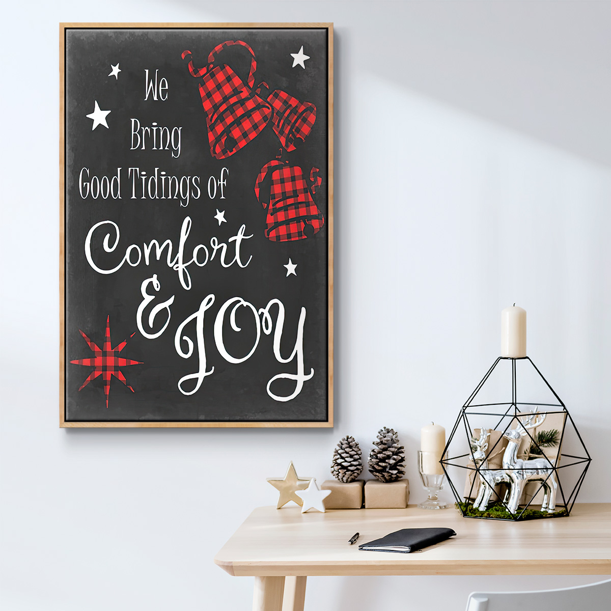 Comfort and Joy in Red - Framed Gallery Wrapped Holiday Canvas - 25 x 37 - Natural Wood Frame