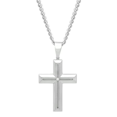 Men's Stainless Steel Diamond Accent Cross with 24 Curb Chain - Mens Pendant