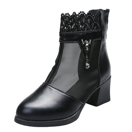 

Qufokar Fall Boots for Women Knee High Womens Boots No Heel Ladies Rhinestone Lace Fashion Hollow Mesh Back Zipper Thick High Heel Booties