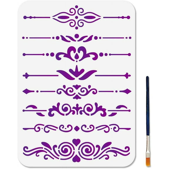 8 Styles Floral Border Stencils for Painting Flower Edge Corner Stencils 11.7x8.3inch Vintage Dividing Line Stencil with Paint Brush Furniture Details Template for Wood Wall