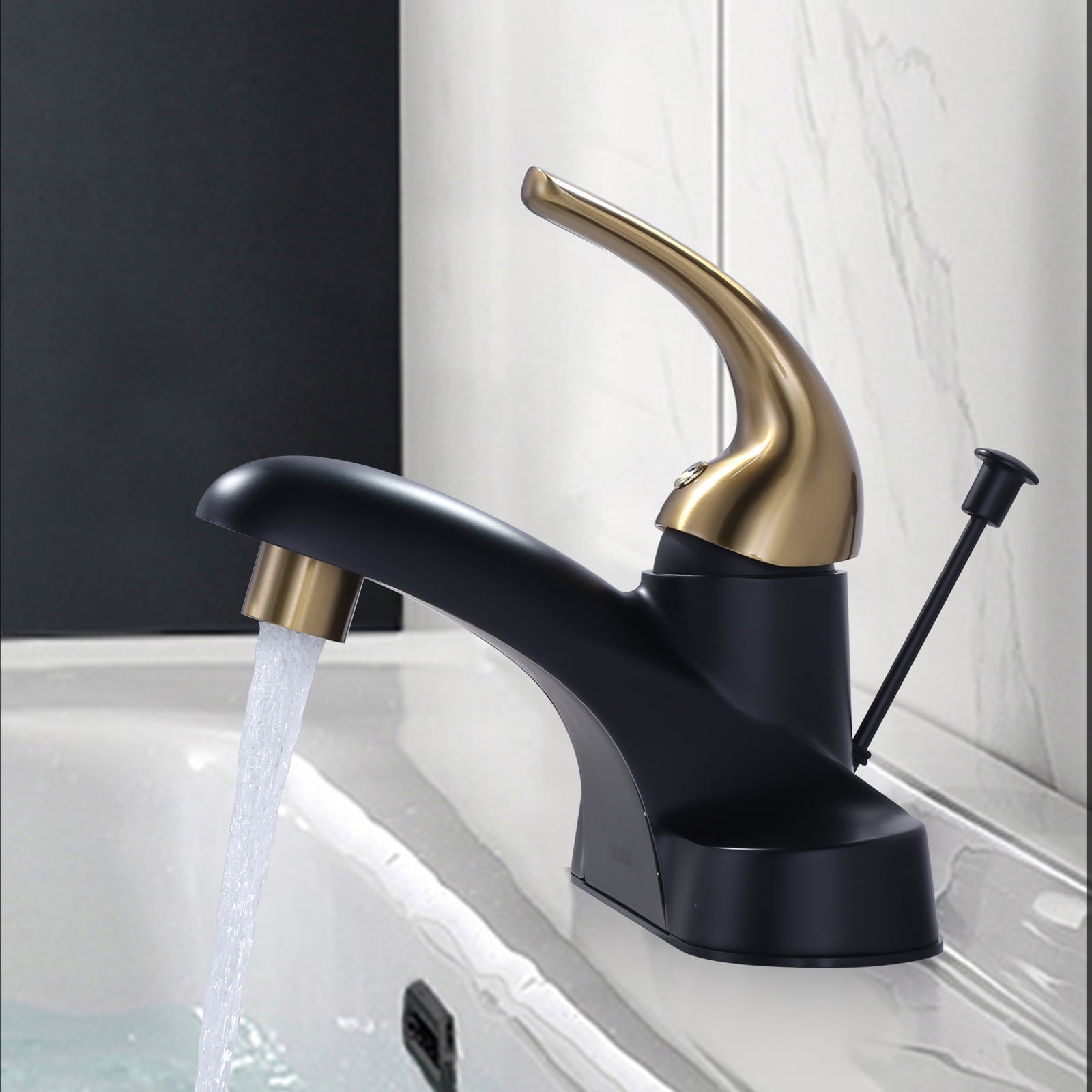 Wowow 4 in. Centerset Single Handle Low Arc Bathroom Faucet with Lift Rod Drain Assembly Included in Gold and Black, Rv Lavatory Taps 3 Hole