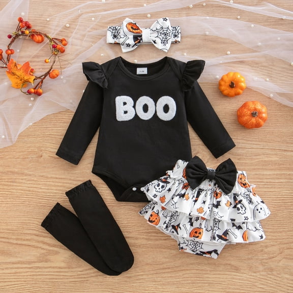 FASHOFT Baby Girl Halloween Outfit Long Sleeve Cartoon Print Romper Shorts Coat Headband 4 Piece Outfit Set For Baby Holiday Daily Party Wear Halloween Black 9-12 Months