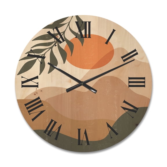Designart 'Abstract Earth Toned Mountains With Red Moon I' Modern Wood Wall Clock