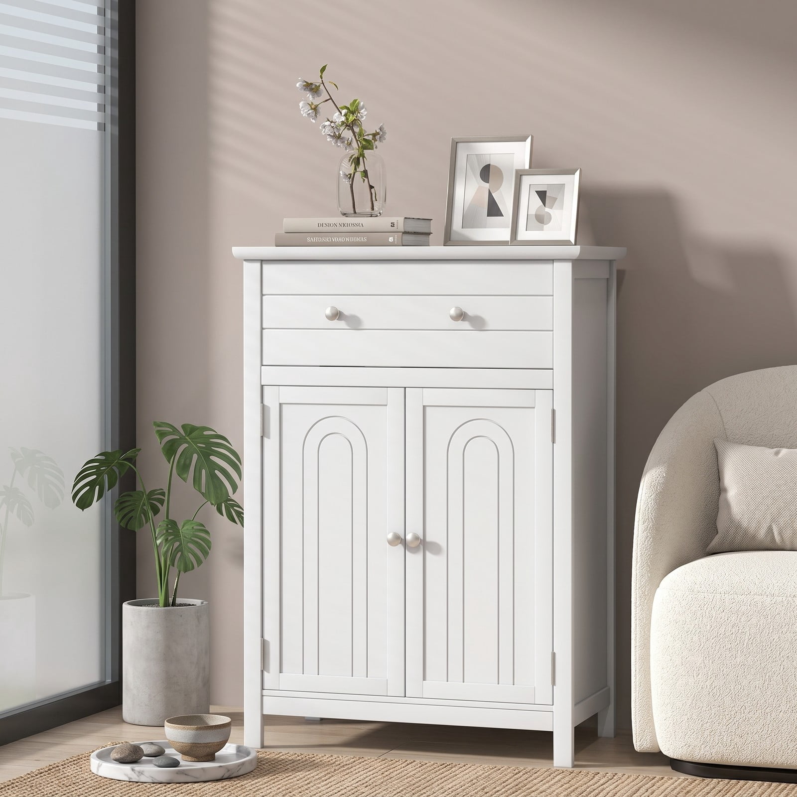 Fenbeli Free Standing Bathroom Storage Cabinet, 2-Door Floor Cabinet with Large Drawer and Adjustable Shelf, Waterproof MDF Side Organizer for Bathroom Living, White