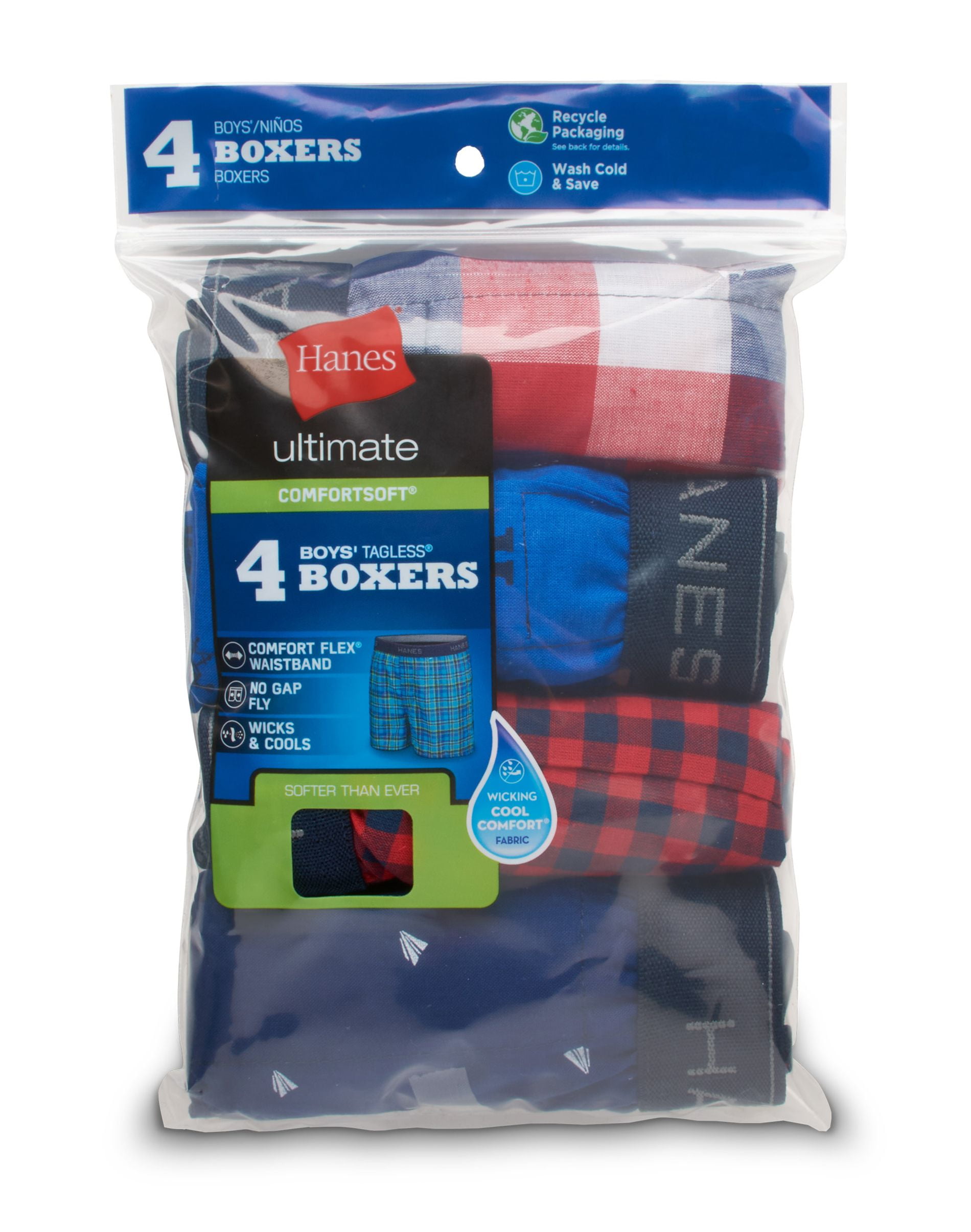 Hanes Ultimate® Boys' Plaid/Print Woven Boxers 4-Pack BU835P - Prints/Plaids - L