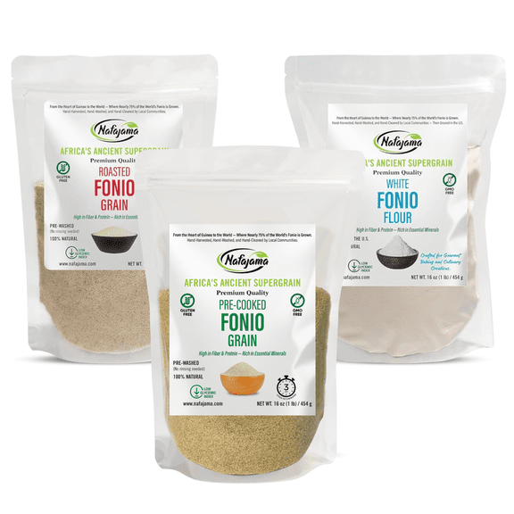 Nafajama Premium Fonio Variety 3 Packs-3lb, Pre-Cooked Fonio Grain, Roasted Fonio Grain Organic & White Fonio Flour | Gluten-Free Ancient Grain | Non-GMO, Vegan, High-Fiber Rice Alternative