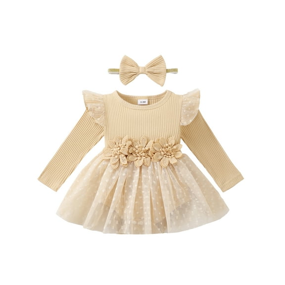 KIMI BEAR Newborn Baby Girls Dress 0-3 Months Fall Winter Clothes Solid Color One-piece Ruffle Long Sleeves Romper Dress Flowers Front Tulle Dress Princess Dress with Headband 2pcs Apricot