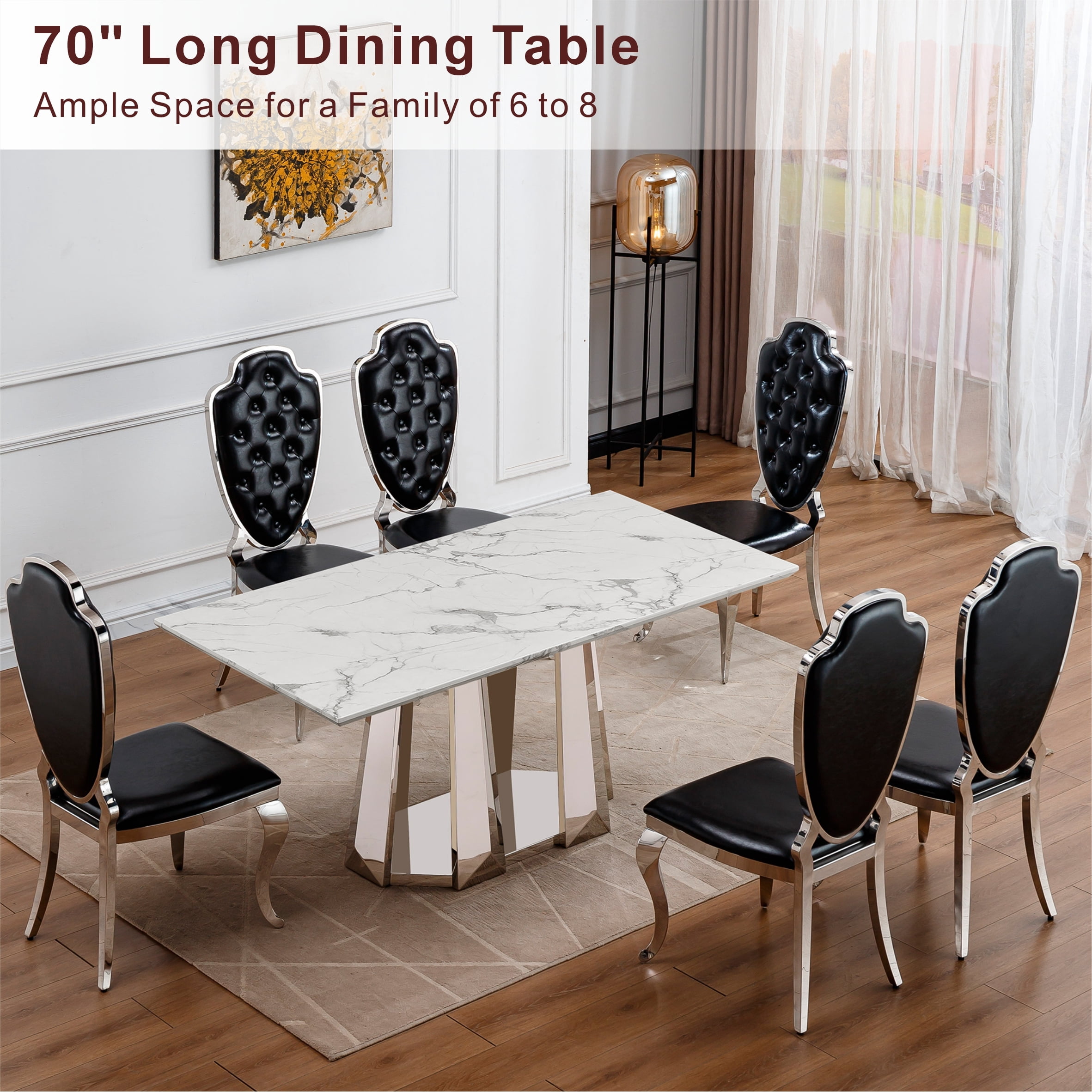Shikeyi 70" Marble Dining Table for 6-8, Modern Luxury Silver Rectangular Large Kitchen Table, Marble Grain MDF Tabletop & Stainless Steel Base for Kitchen Dining Room, White (Table Only)