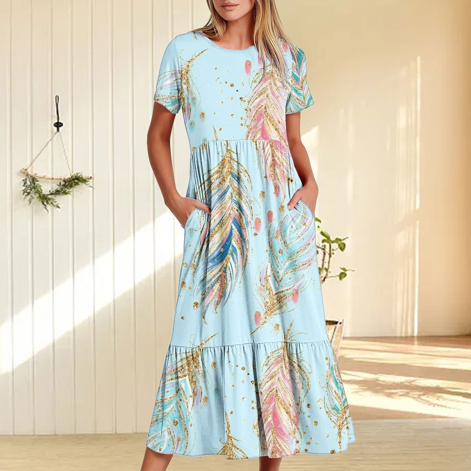 Floral Maxi Dress Flower Colorful Sun Dresses FcBaudy Short Sleeve