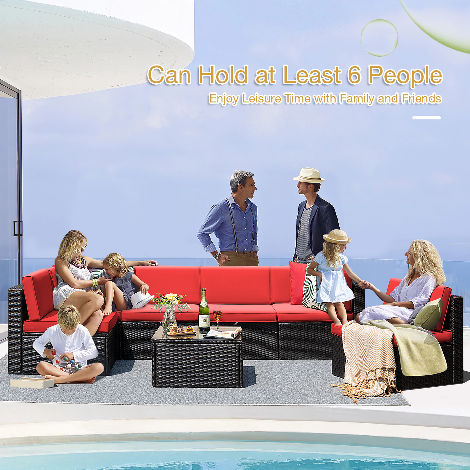 Vineego 7 Pieces Outdoor Patio Furniture Sets Wicker Sectional Sofa All-Weather PE Rattan Conversation Sets, Red