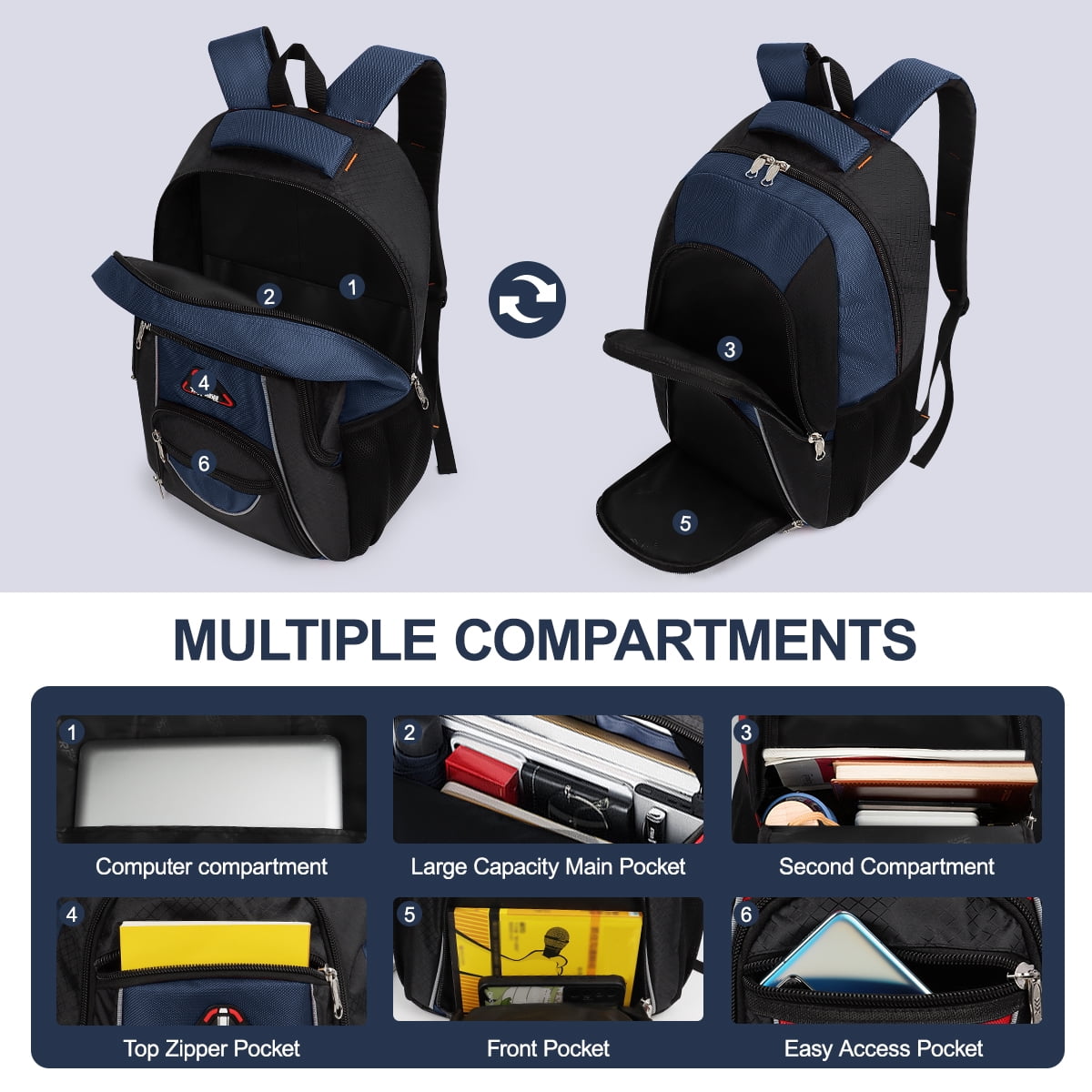 Extra Large Travel Backpack with Laptop Pocket,35L Lightweight Travel Work College School Bag for Men and Women,Navy,06512