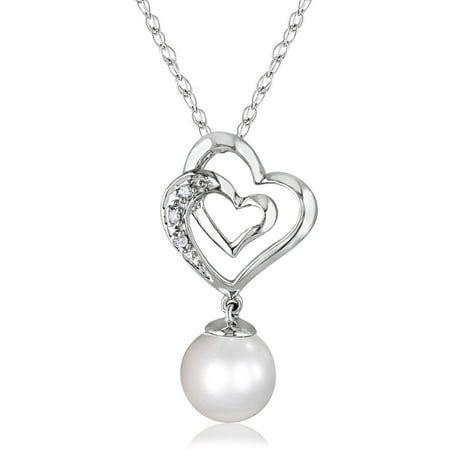Miabella 7-7.5mm White Round Cultured Freshwater Pearl and Diamond-Accent 10kt White Gold Double Heart Pendant, 17