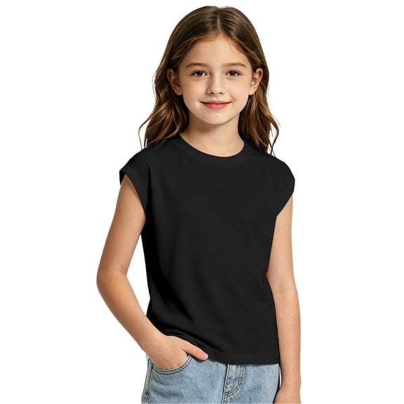 lnmuld Girls Solid Color Cap Sleeve T-Shirt Color:Black,Size:5-6 Years