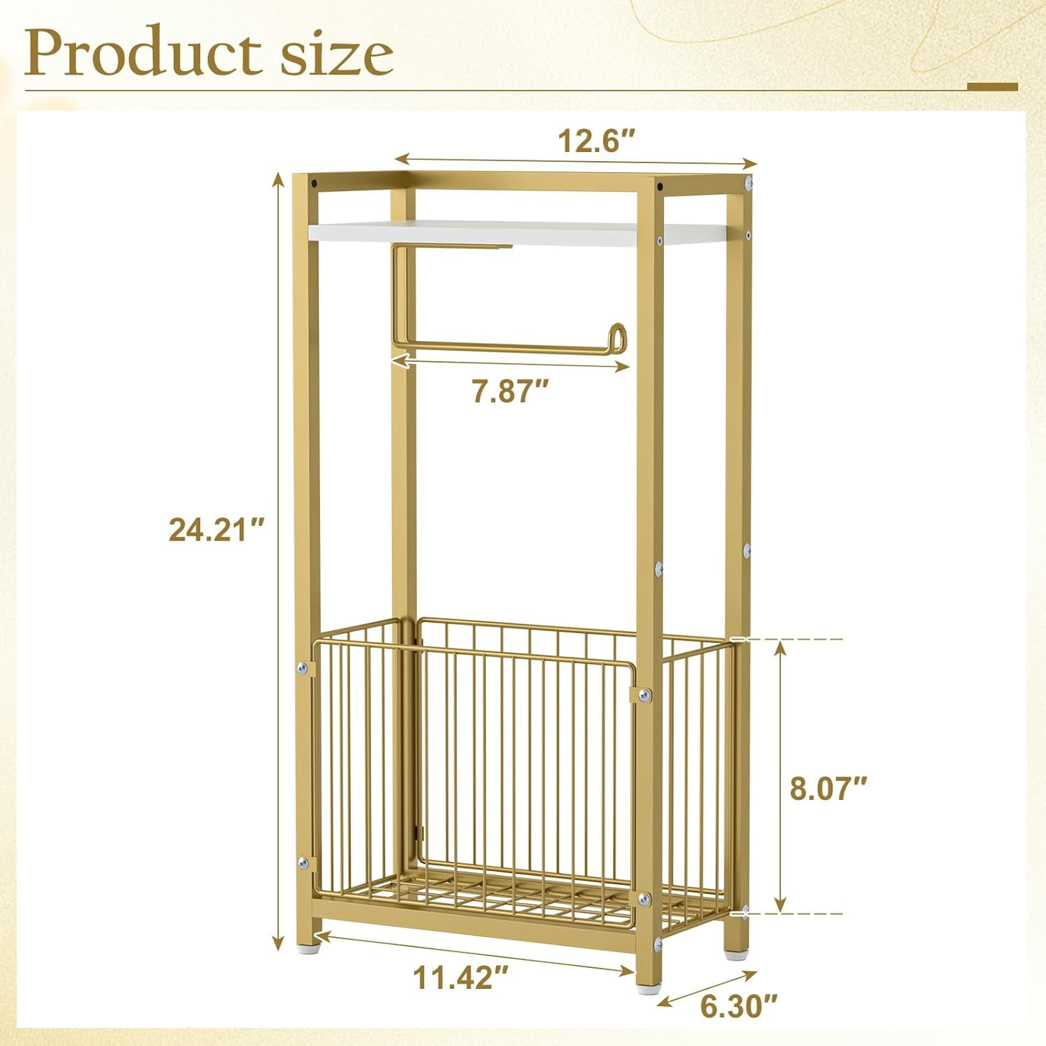 Freestanding Toilet Paper Holder with Storage Shelf - Gold Metal Frame Organizer for Bathroom Tissues and