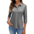 thumbnail image 2 of JoveMarine Women's Casual Solid Color Lapel 3/4 Sleeve Button Up Shirt Daily Wear Blouse with Button Decor Lightweight Top for Spring Fall Work Gray S, 2 of 6