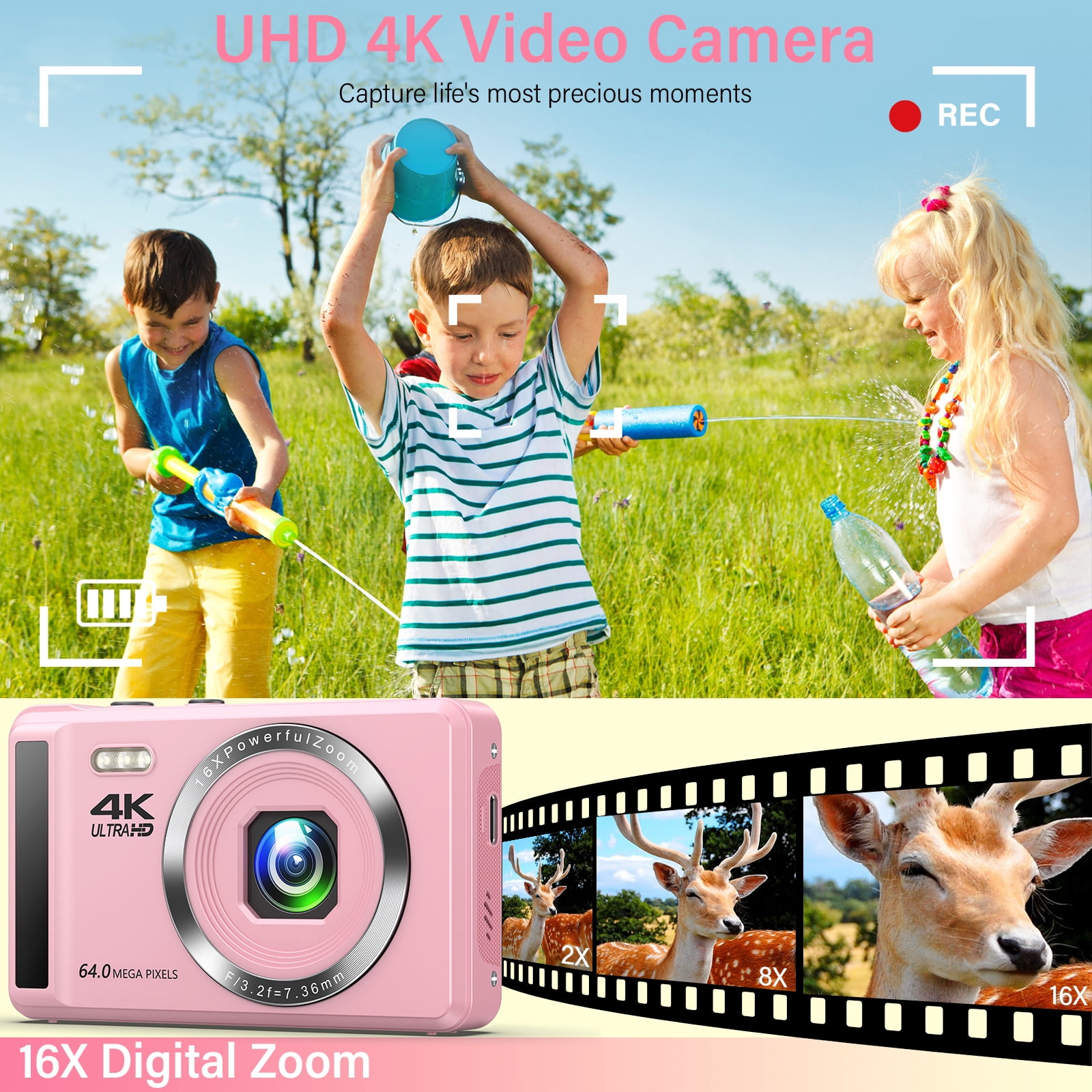 MARVUE Digital Camera 4K UHD 64MP, Autofocus Compact Camera with 16X Digital Zoom, 32GB SD Card, 2 Batteries - Pink