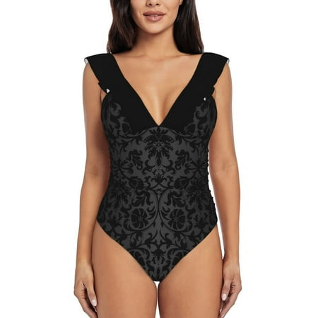 Black Floral Damask One Shoulder Ruffle Swimsuits Bodysuit One Piece Swimwear Women New Female Beach Swimsuit Black Damask