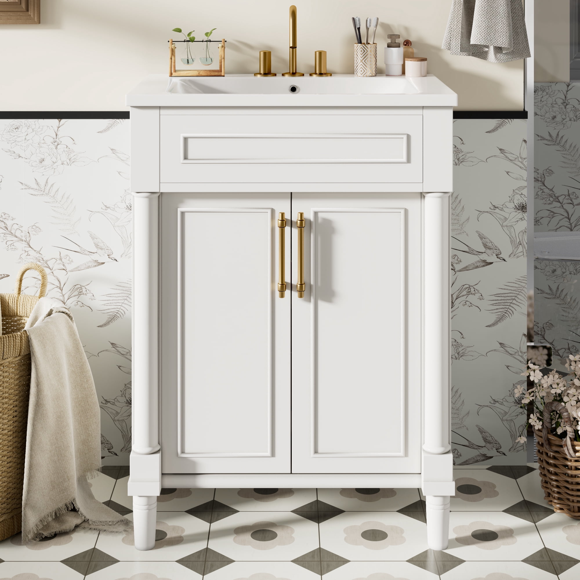 Euroco 24" Small Bathroom Vanity with Half-Moon Sink – Solid Wood Frame, Adjustable Storage Shelf, Painted Finish & Easy Assembly (Faucet Not Included)