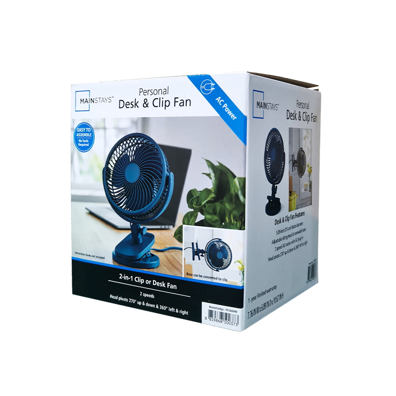 Mainstays 6" 2-speed Personal Desktop and Clip Fan, Adjustable rotates 360°, Washed Indigo, Model#FN1868NWI, New 2026 Model