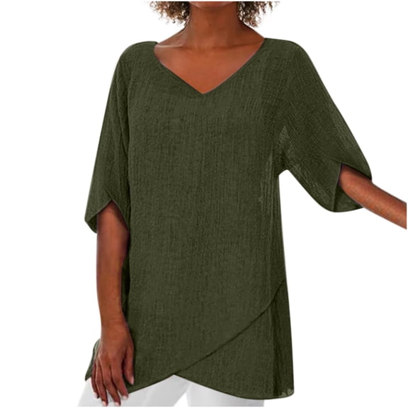 HAPIMO Women's Fashion Shirts Solid Color Print Tops V-Neck T-shirt Short Sleeve Tees Irregular Hem Clothes for Girls Cotton Linen Casual Loose Blouses Army Green M Discount