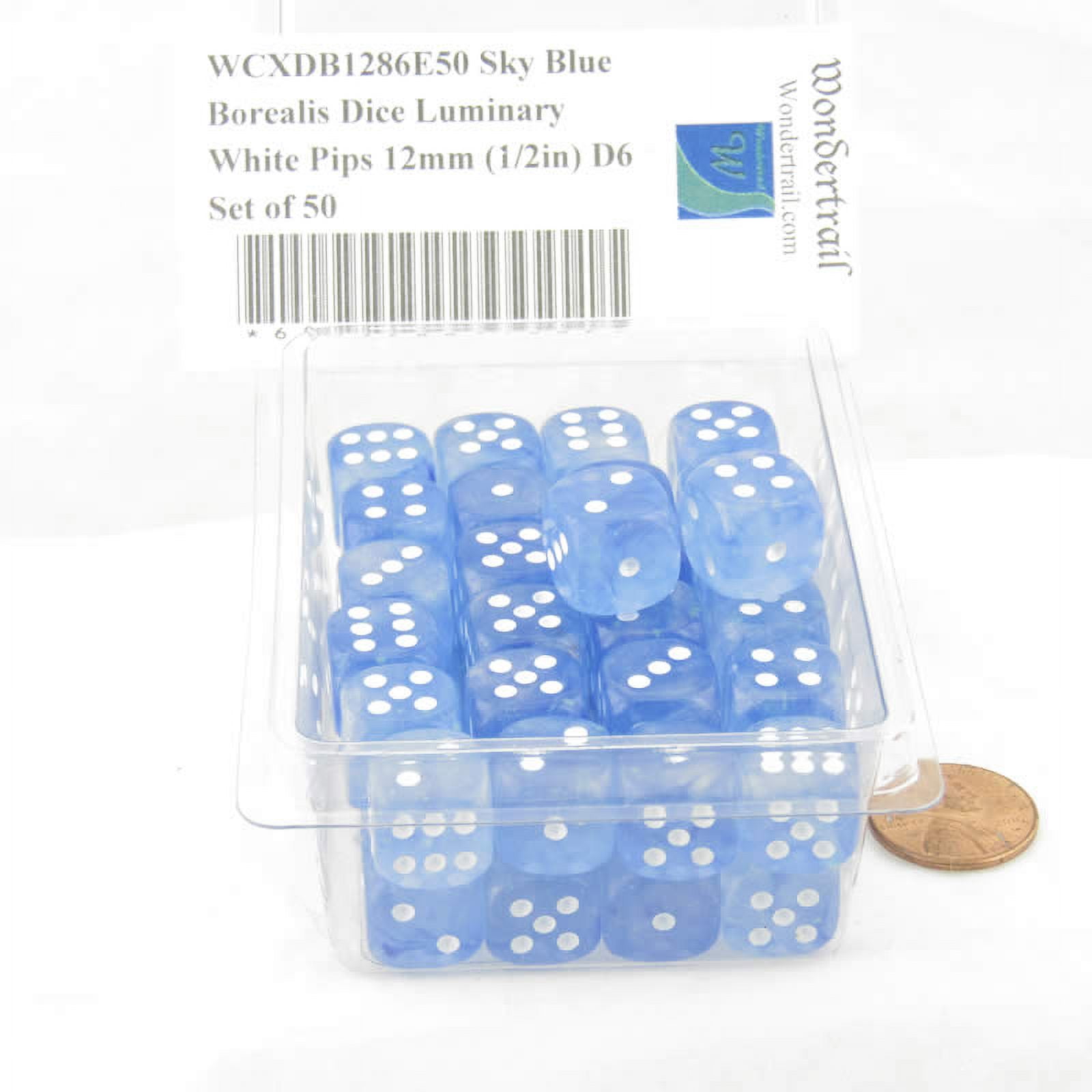 Sky Blue Borealis Dice Luminary with White Pips 12mm (1/2in) D6 Set of 50 Wondertrail