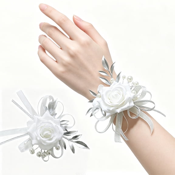 White Rose Wrist Corsage and Pocket Boutonniere Set, Wedding Prom Floral Accessories for Brides Bridesmaids