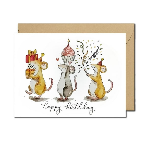 Adorable Birthday Greeting Card Featuring Celebrating Mice – Blank Inside with Envelope – Perfect for Any Occasion