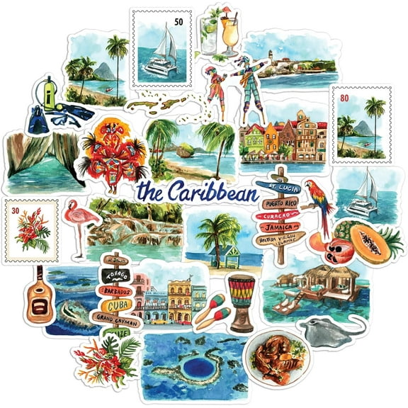 Navy Peony Caribbean Paradise Travel Stickers (31pcs) - For Journals, Scrapbooks