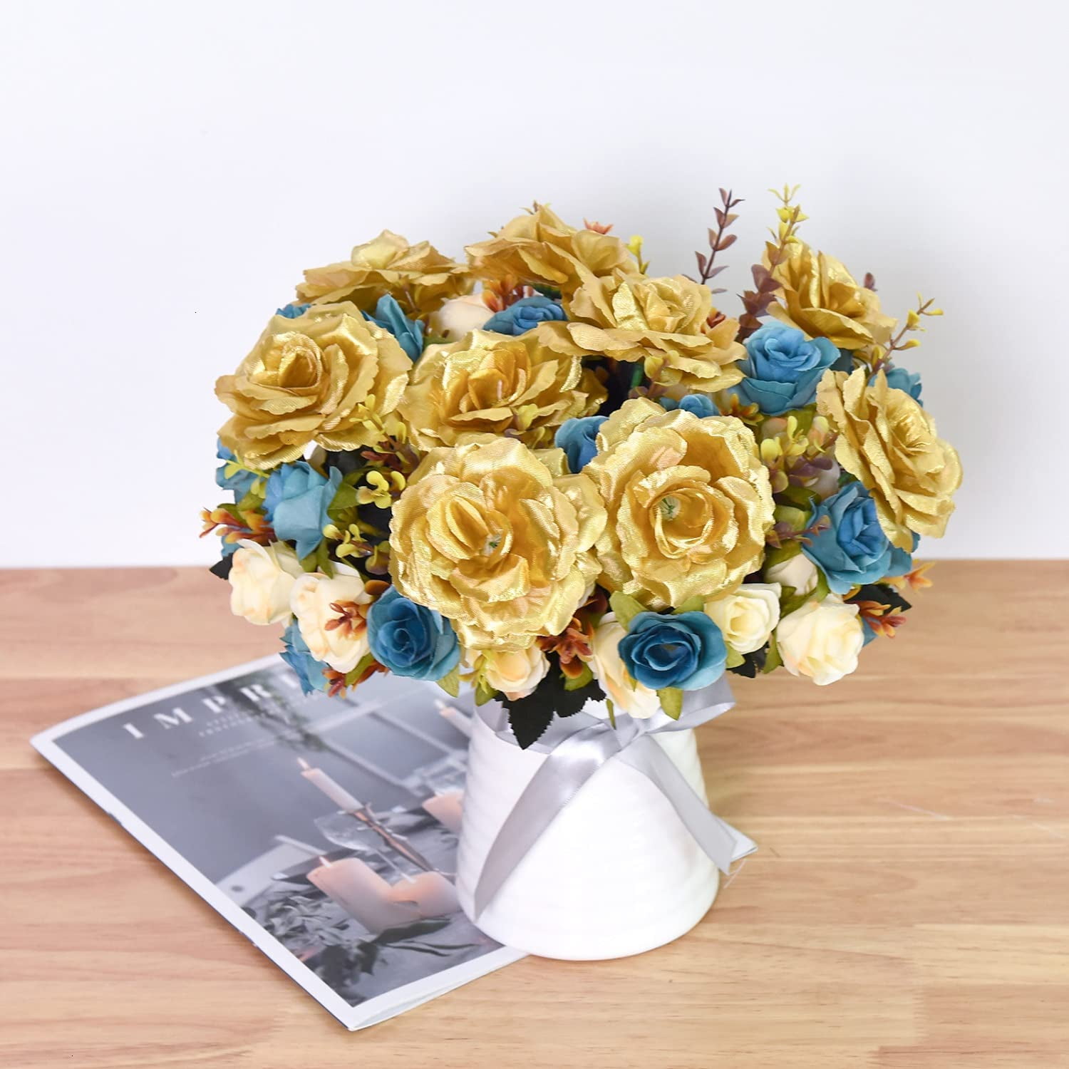 12 PCS Artificial Flowers Gold Roses Fake Silk Flower Long Stem Artificial  Roses for Home Wendding Bathroom Party Decorations (Gold)