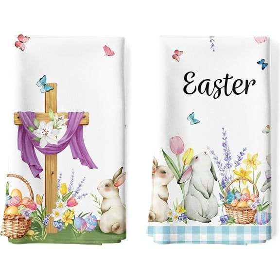 2Pcs Easter Christian Kitchen Tea Towels 100% Cotton Rabbit Flower Hand Towels Multiple Uses Quick Dry Dish Cloth for Table, Kitchen Decor, Housewarming Gifts
