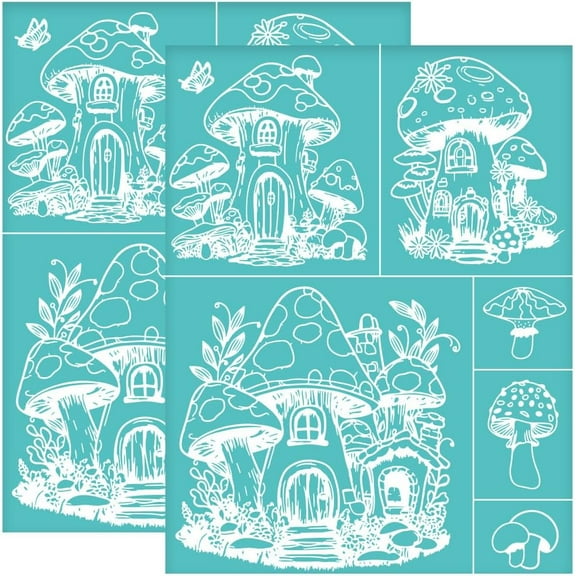 2Pcs 11x8.6 Inch Mushroom House Silk Screen Stencil Mushroom Pattern Self-Adhesive Silk Screen Printing Stencil Mesh Stencils Transfer Home Decoration