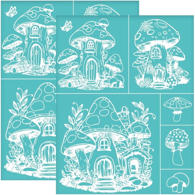 2 plantillas de serigrafía con diseño de casa de setas de 28 x 22 cm (11 x 8,6 pulgadas). Plantillas autoadhesivas para serigrafía, plantillas de malla para transferencia, decoración del hogar.