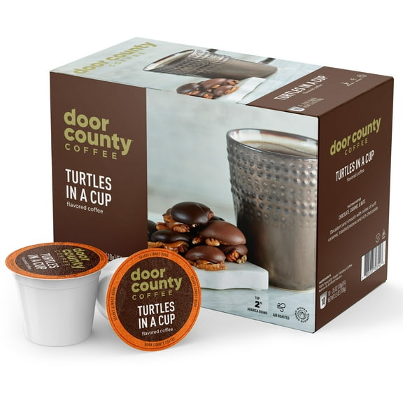 Door Cty Coffee Turtles in a Cup, Chocolate, Caramel and Toasted Pecan Flavored Specialty Arabica Single-Serve Coffee Pods, Medium Roast, 10 Ct Box, Compatible with Keurig 2.0 K Cup Brewers