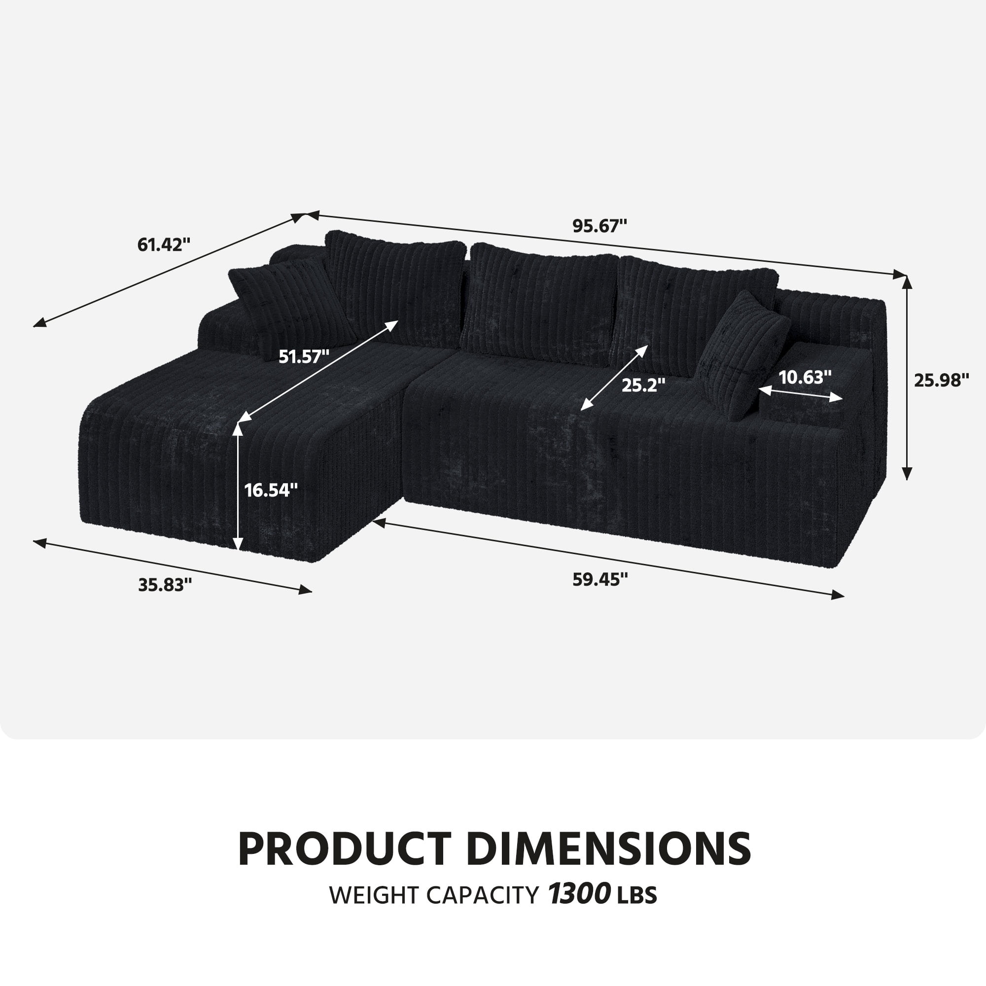 LAUSAINT HOME 96" Boneless Sectional Sofa, L-Shaped Modular Cloud Couch with Deep Seat & Plush Corduroy Fabric (Black, Left Facing Chaise)