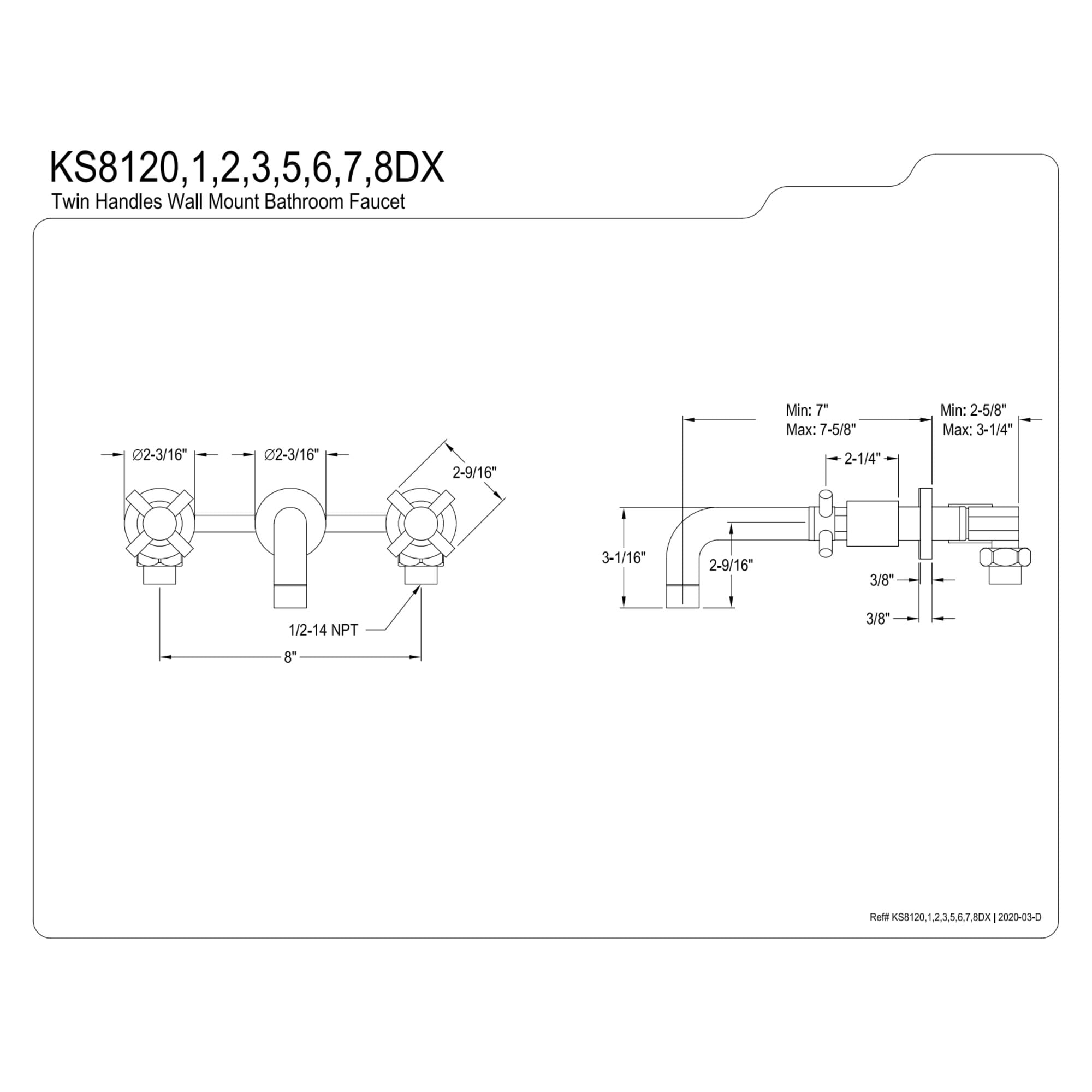 Kingston Brass KS8120DX Concord Double-Handle 3-Hole Wall Mount Bathroom Faucet in Matte Black