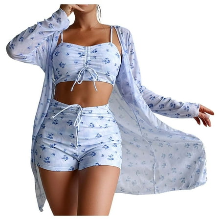 Virmaxy Womens Cover-Up Two Piece Swimsuit(With Bra Pads No Steel Bra) Knot Tie Push Up Boxer Swimsuits Straps Bikini Deep V Alluring Split Swimsuit Set Three Piece Swimsuit Set Blue-B XL