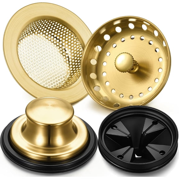 4 Pcs Brushed Gold Kitchen Sink Accessories Garbage Disposal Splash Guards 3.4'' Sink Drain Strainer and Stopper Stainless Steel Garbage Disposal Plug for Kitchen Drain Strainer