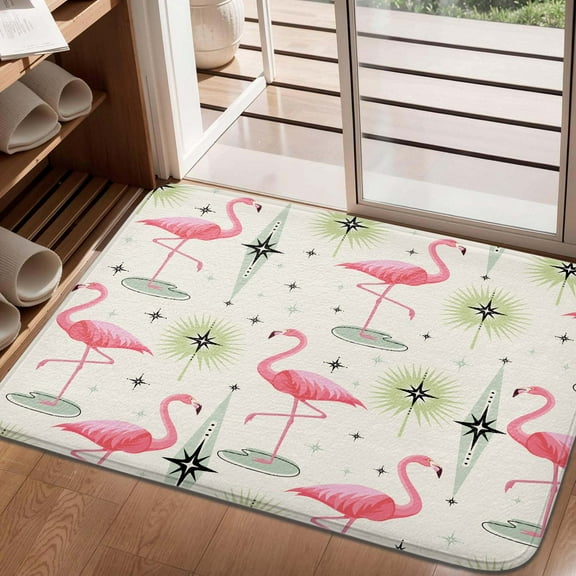 Flamingo Bathroom Mat, Tropical Pink Bird Retro 60s 70s bath Rugs for bathroom non slip Beige Cream Green Bath Decor 16x24in