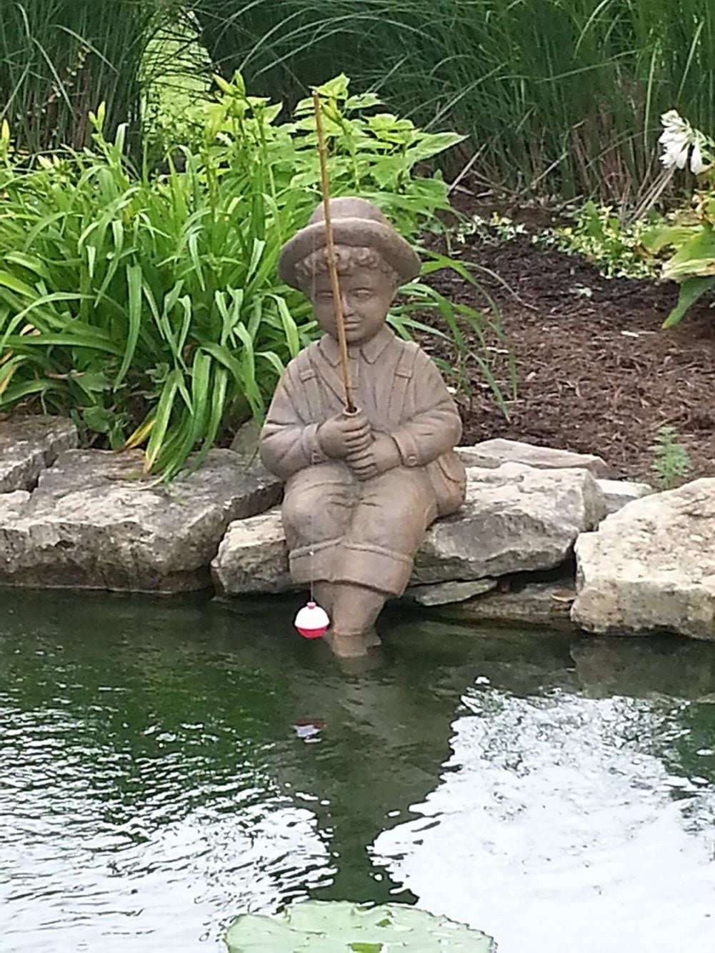Pond Accent Boy Fishing Statue Garden Lawn Sculpture Decor Fisher Man Figurine 